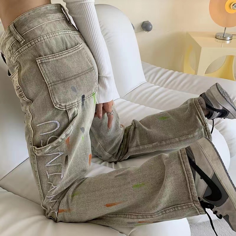Quần Jeans Ống Rộng Lưng Cao Có Túi Và Khóa Kéo Thời Trang Dành Cho Nữ