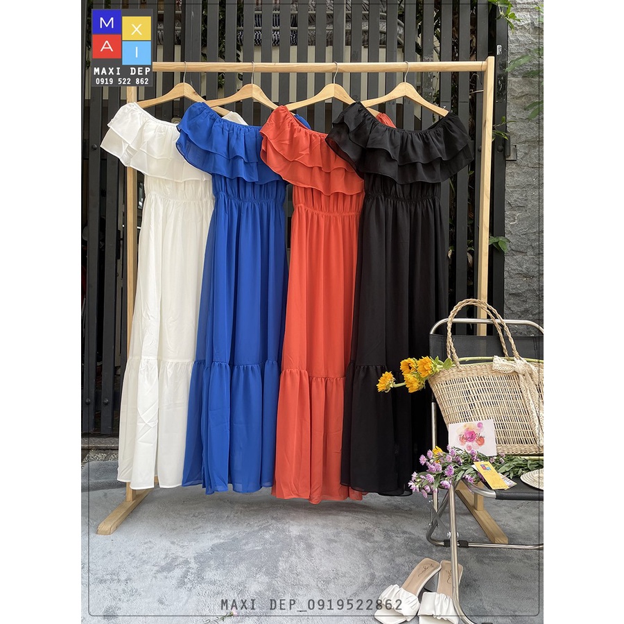 Đầm Trễ Vai Cao Cấp Bèo Ngực Màu Xanh Coban Hottrend Thiết Kế Maxi Đẹp
