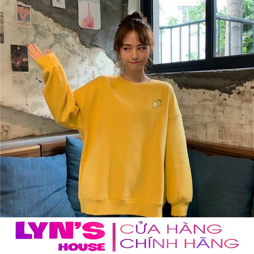 Áo tay dài sweater nỉ Lyn House thêu hình trái cây cho nam nữ và cặp đôi, form rộng unisex 4 màu hồng kem vàng xanh | BigBuy360 - bigbuy360.vn