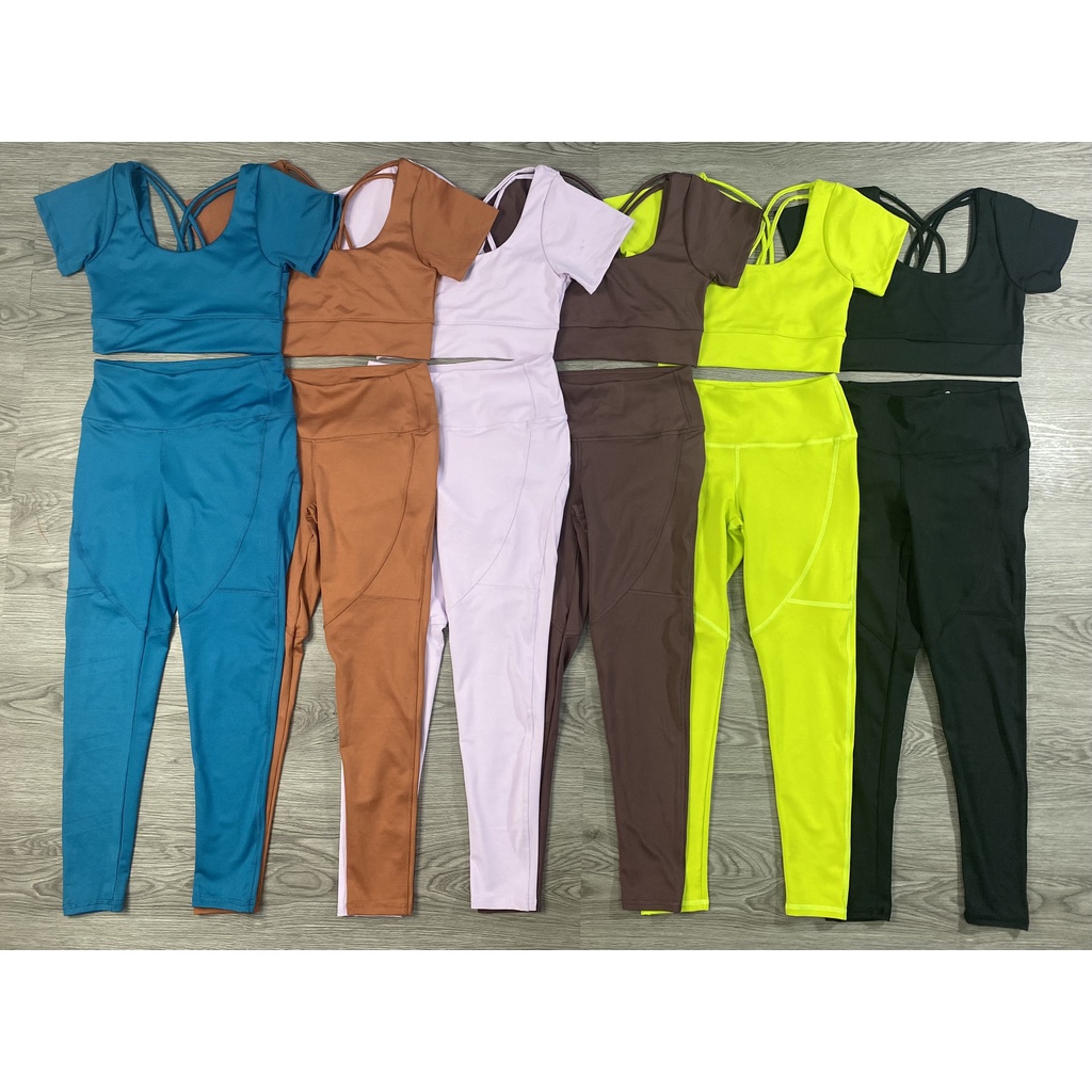 Bộ Đồ Tập Gym Yoga Nữ Quần Dài Áo Croptop Kèm Mút Đan Dây Lưng Chất Thun Lạnh Co Giãn Tốt