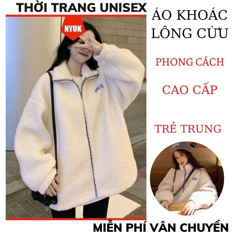 Áo khoác lông cừu dáng rộng ấm áp phong cách hàn quốc AL03, áo khoác cổ bẻ in chữ ngực ulzzang ,THỜI TRANG1989