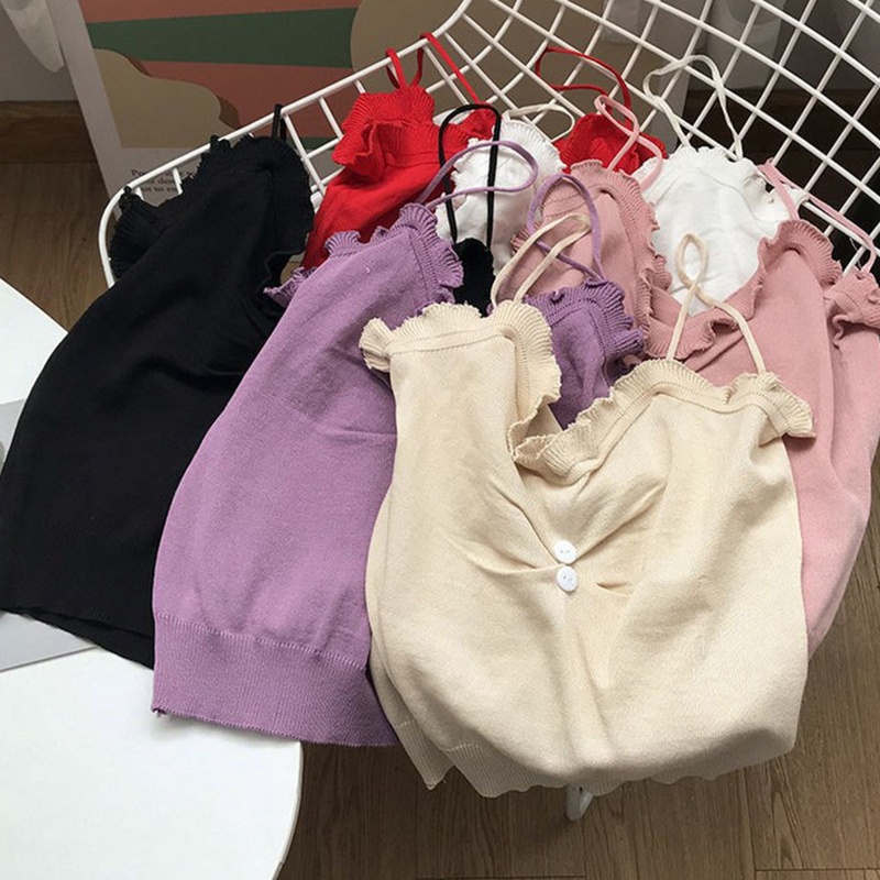 Brroa Áo Croptop Dệt Kim Sát Nách Màu Trơn Cài Nút Trước Viền Diềm Xếp Nếp Phong Cách Hàn Quốc Cho Nữ