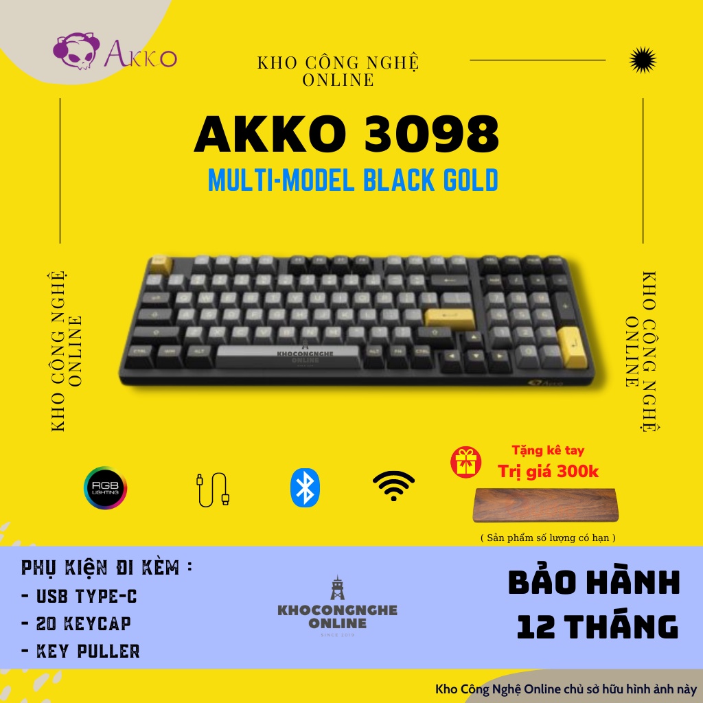 Bàn phím cơ AKKO 3098B Multi-modes Black Gold (Bluetooth 5.0 / Wireless 2.4Ghz / Hotswap / Foam đáy / Jelly switch)