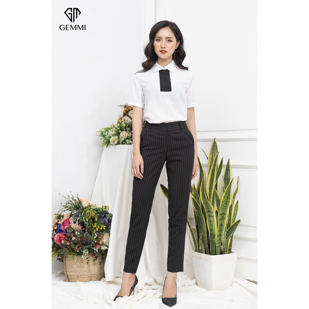 Áo sơ mi nữ polo tay ngắn phối đen trắng