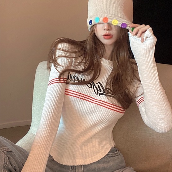 Áo thun ZHELIHANGFEI dệt kim dài tay in chữ thời trang cho nữ