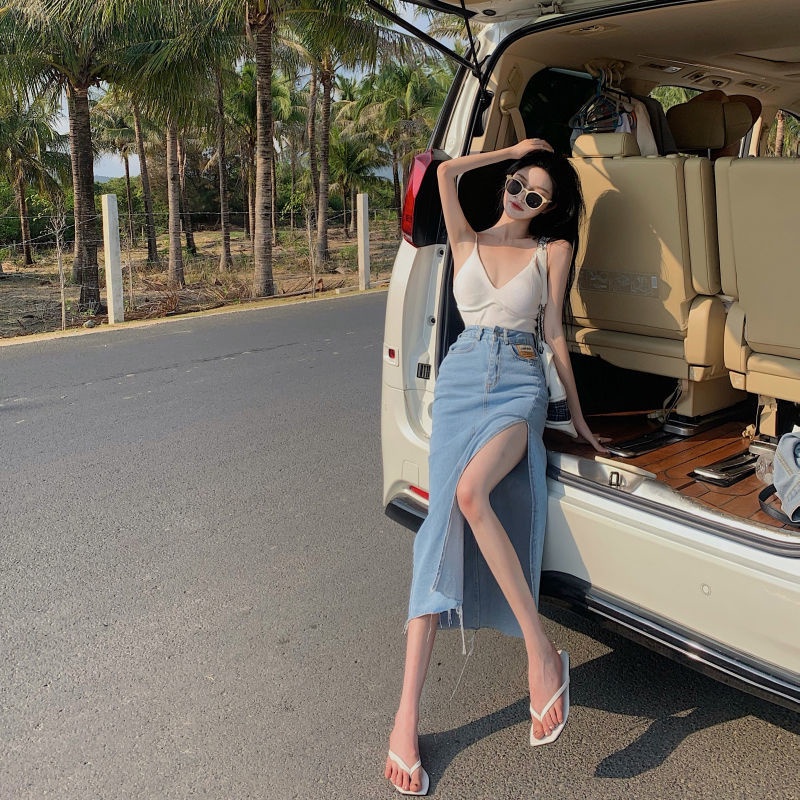 Váy denim nữ hè 2022 Váy chữ A mới phiên bản Hàn Quốc mỏng, hở mông váy xẻ eo cao