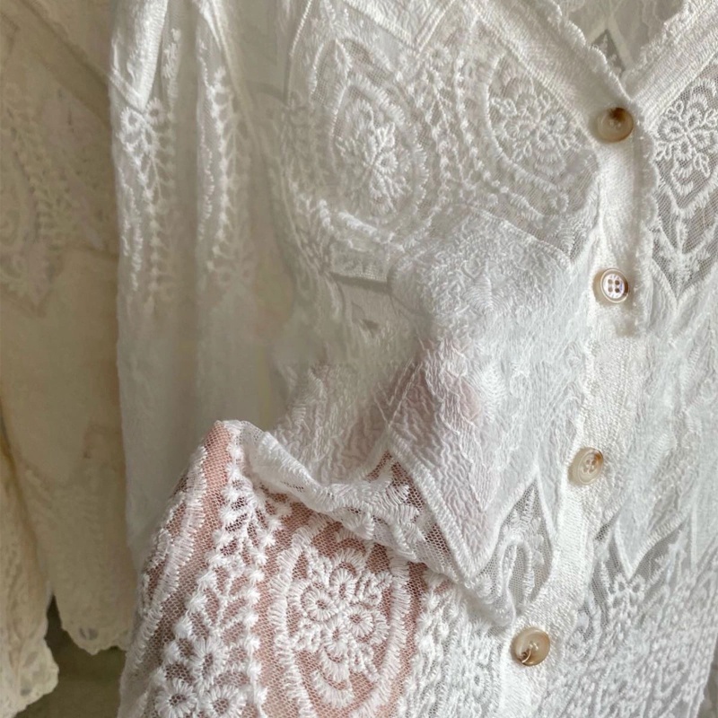 Áo Cardigan Ren Tay Dài Phồng Cổ Chữ V Phối Nút Phong Cách Pháp Thời Trang Mùa Xuân 10MK Cho Nữ