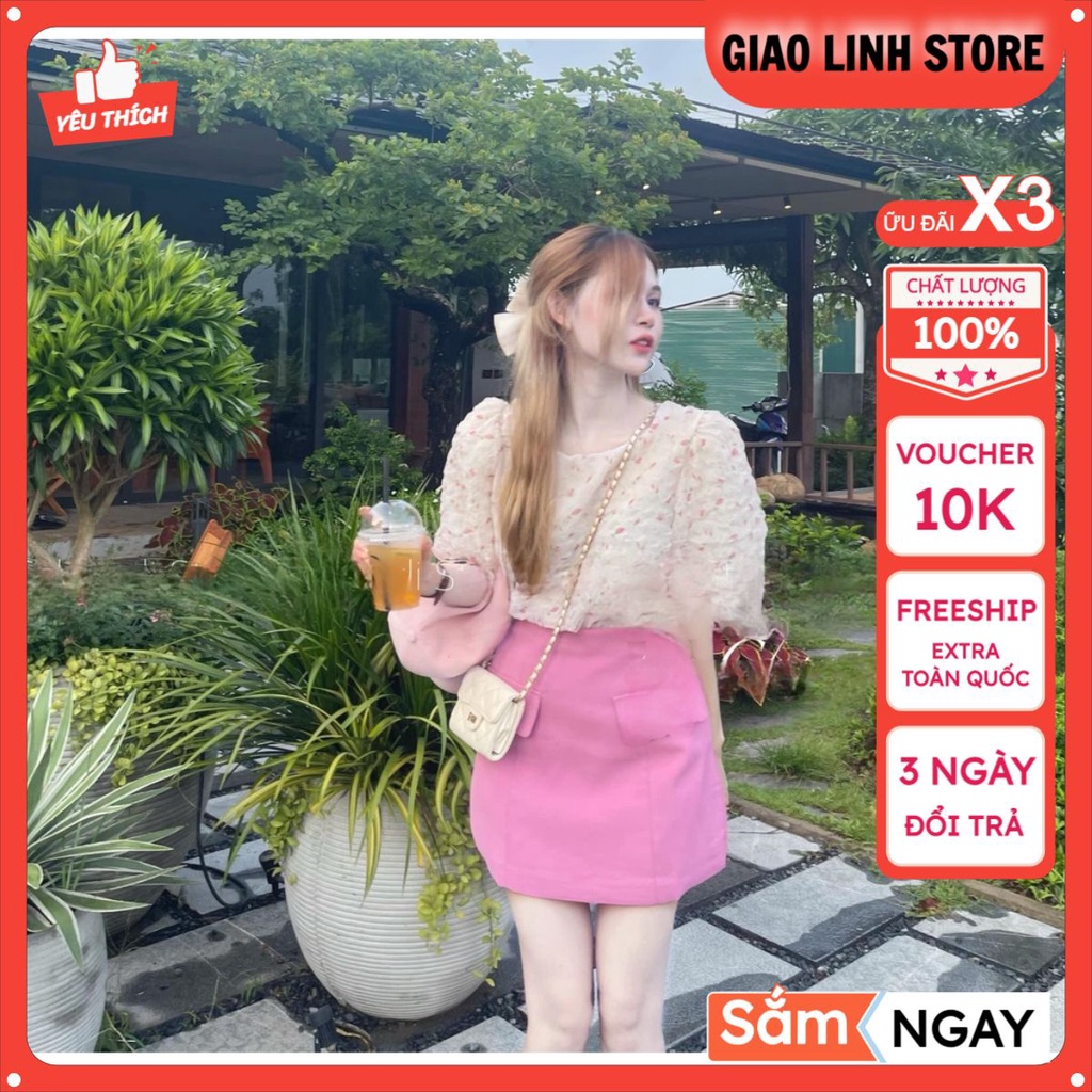 Set chân váy nữ chữ A kaki ngắn mix áo tay bồng gấm hoa nổi voan 2 màu