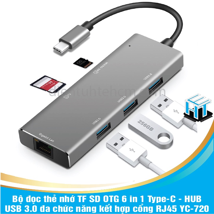 Bộ đọc thẻ nhớ TF SD OTG 6 in 1 Type-C - HUB USB 3.0 đa chức năng kết hợp cổng RJ45 YC-720