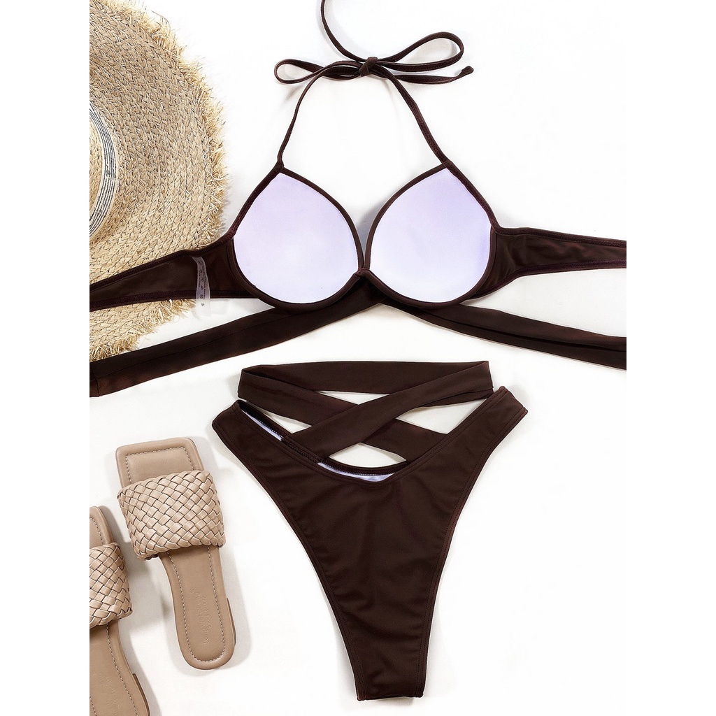 DUNEA Bikini 2 mảnh lưng cao thiết kế dây đan chéo quyến rũ