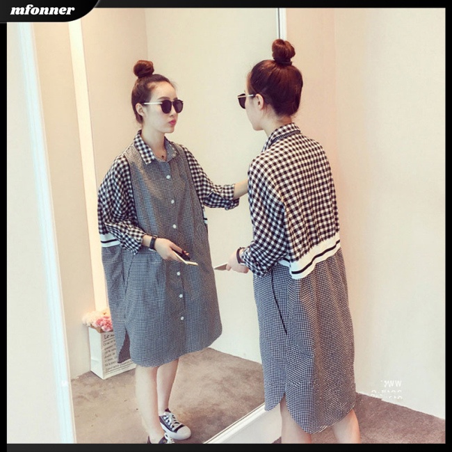 Đầm Sơ Mi Tay Dài Dáng Rộng In Họa Tiết Caro Thời Trang Mùa Xuân Cho Nữ