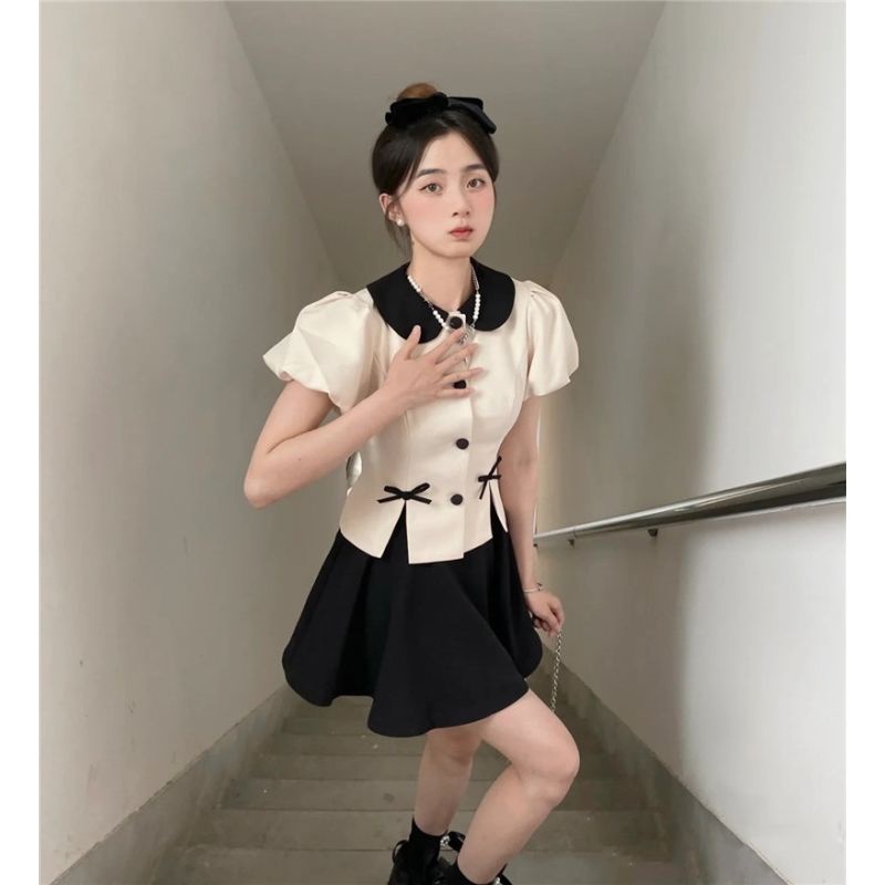 Set Áo Cổ Búp Bê Thắt Nơ Phối Chân Váy Lưng Cao Thời Trang Xinh Xắn Cho Nữ  tao bao