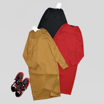 Váy len suông mùa đông cổ tim dáng dài xẻ tà, đầm thu đông dài tay chất len thun VNXK 3 màu trơn - Tirahouse