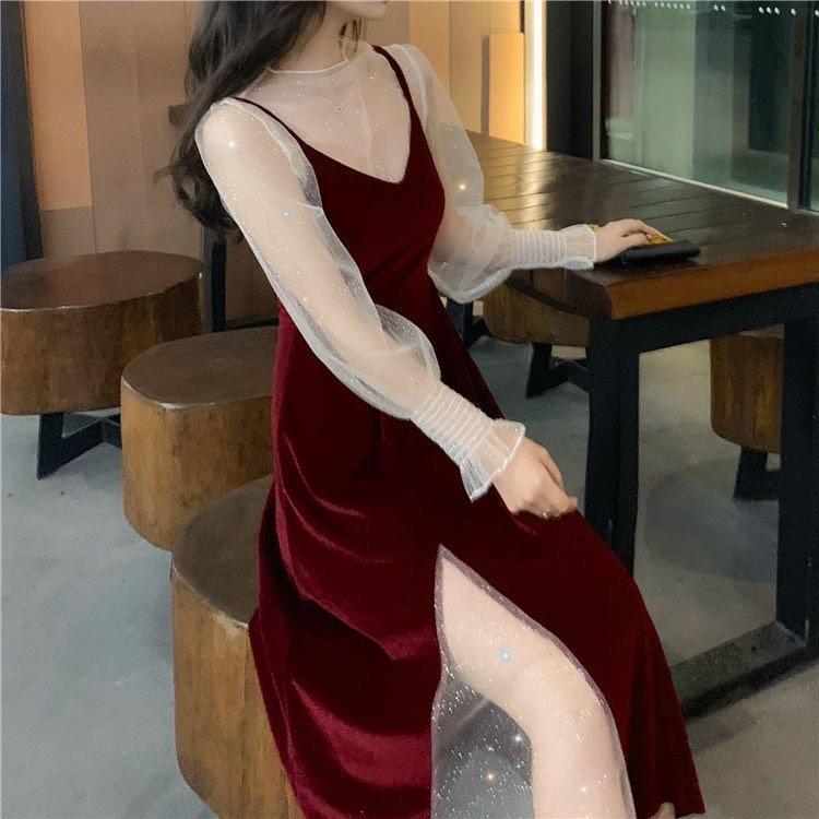 Set đầm hai dây vải nhung mềm mịn thời trang cho nữ