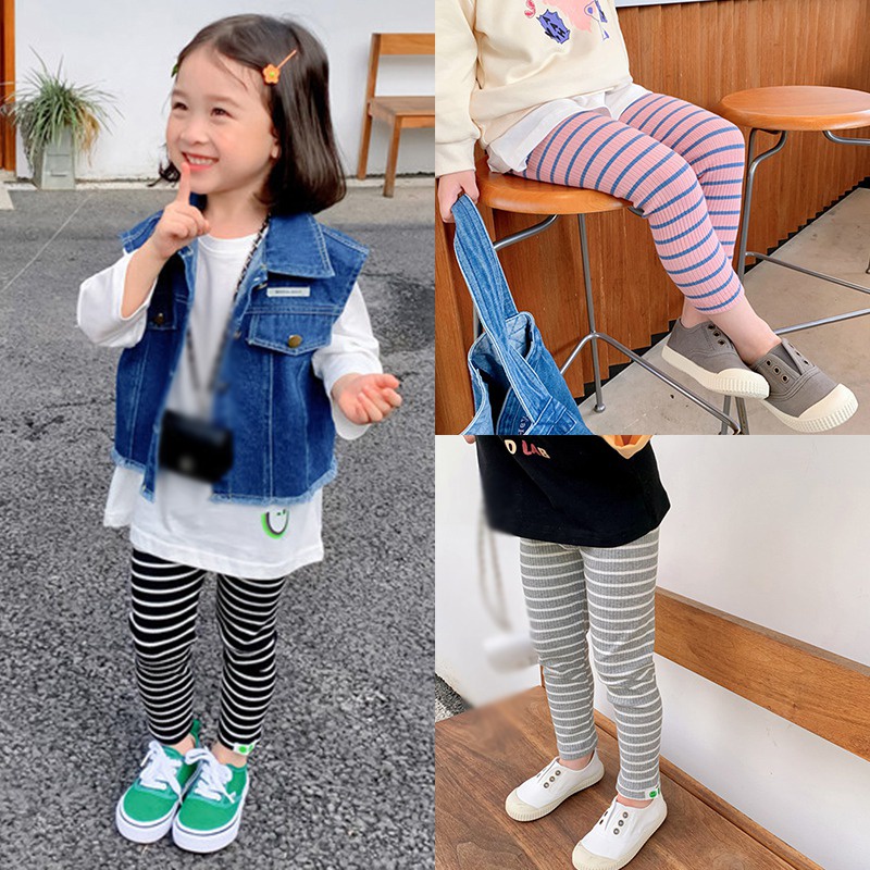 Quần Legging Họa Tiết Kẻ Sọc Phong Cách Hàn Quốc Cho Bé Gái