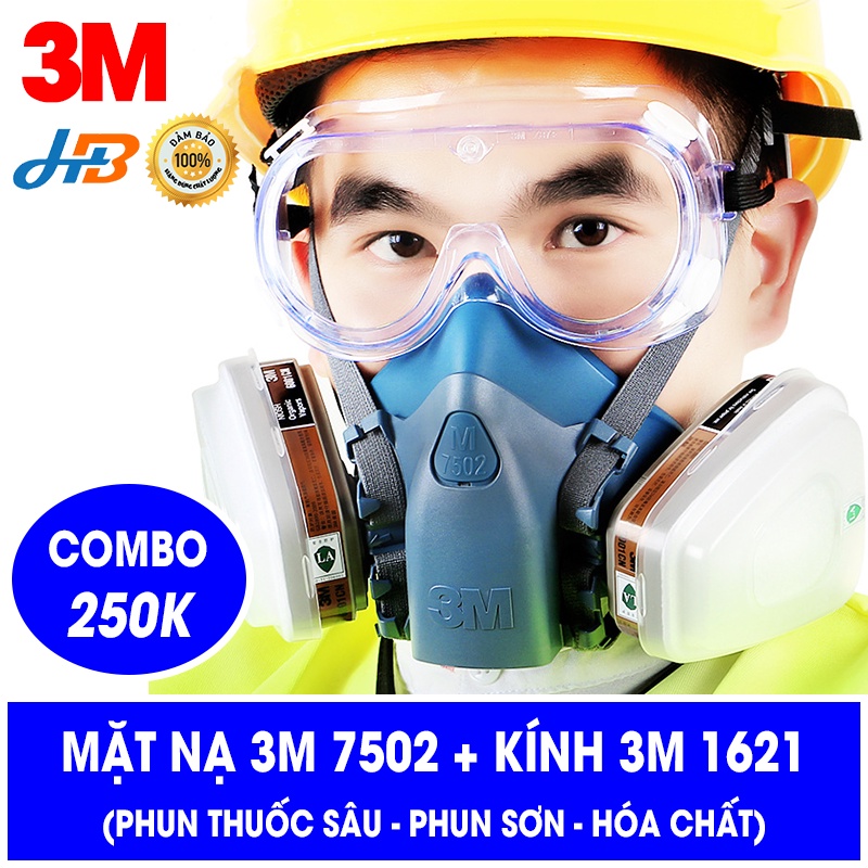 Mặt Nạ Chống Độc 3M 7502 + Kính 3M (Mặt Nạ Phun Thuốc Sâu, Phun Sơn, Hóa Chất).