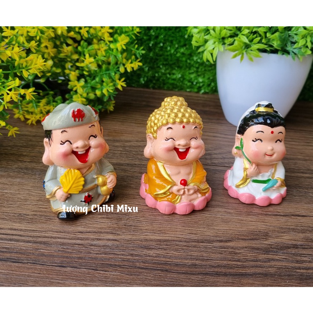 Bộ 03 tượng Phật Tổ - Quan Âm - Tế Công size 6cm