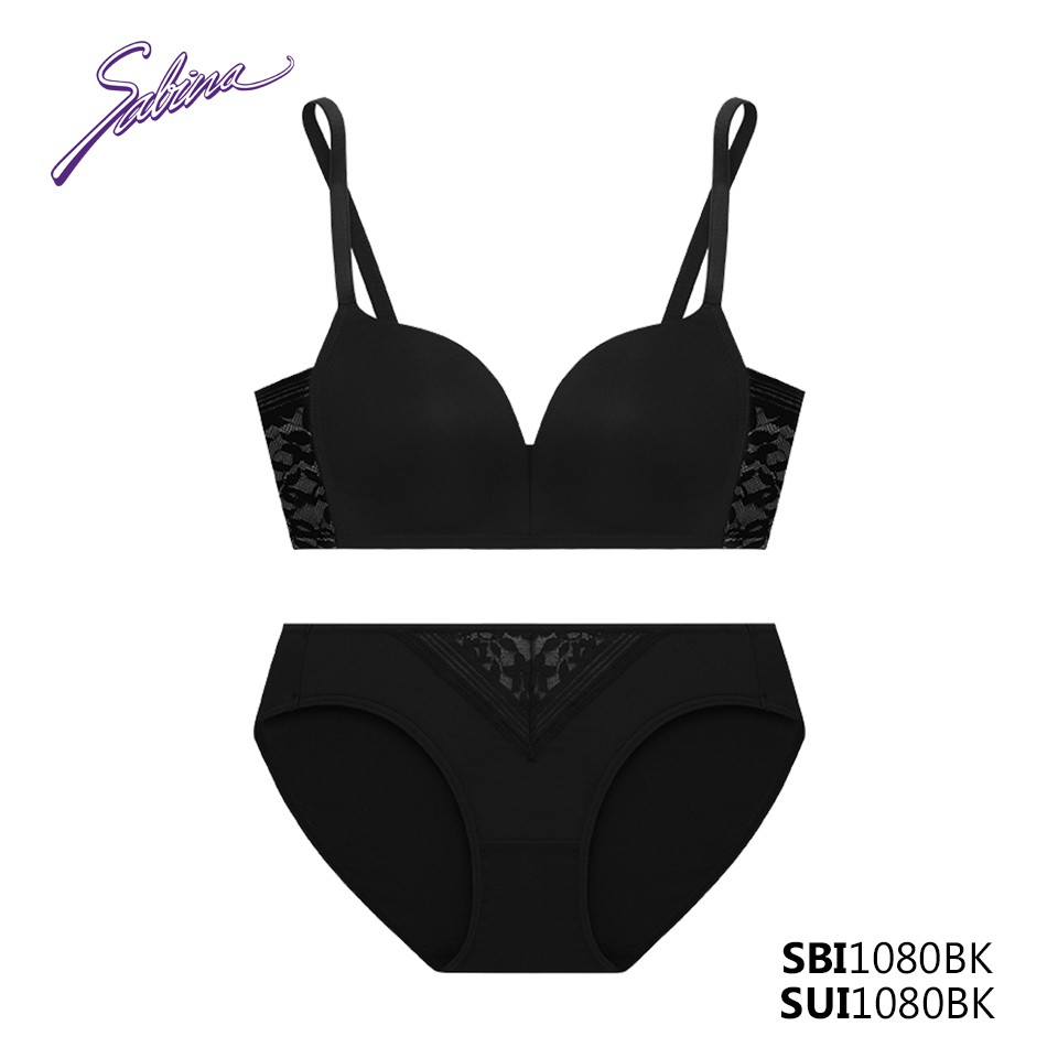 Combo Áo Lót Mút Dày Tạo Khe Chữ V Không Gọng Và Quần Đồng Bộ Màu Đen Mordern V Wireless By Sabina SBI1080BK+SUI1080BK