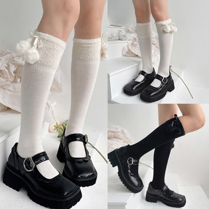 Tất đầu gối bắp chân giả len dệt kim nơ satin bóng nhung phong cách lolita dễ thương cho nữ sinh đi giày bốt