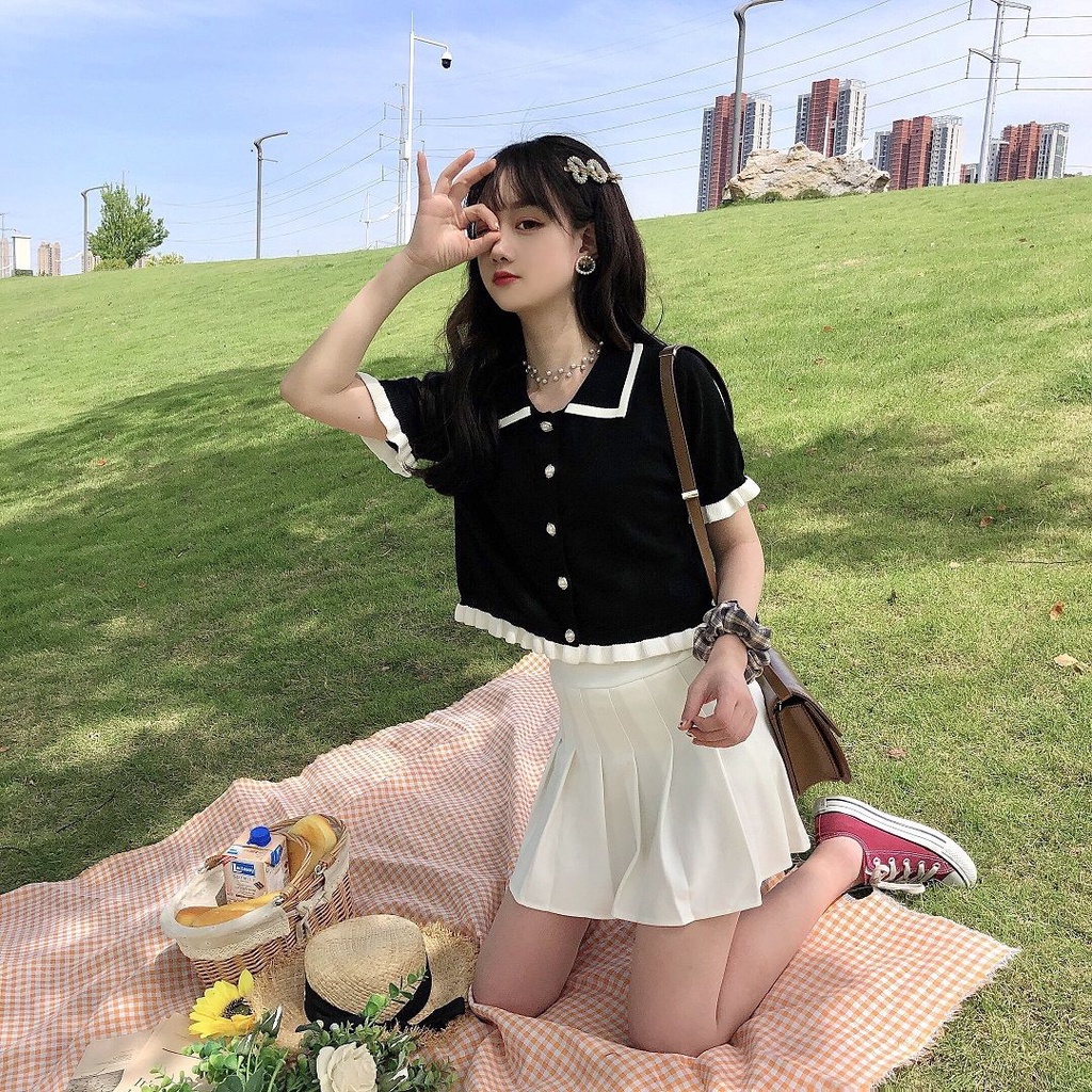 Áo dệt kim BH tay ngắn cổ bẻ thời trang đáng yêu cho nữ