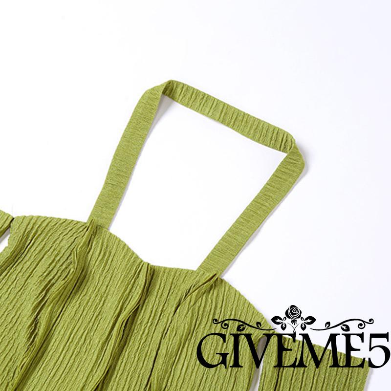 Váy tay GIVEME5 dài tay trễ vai màu trơn có gân cho nữ