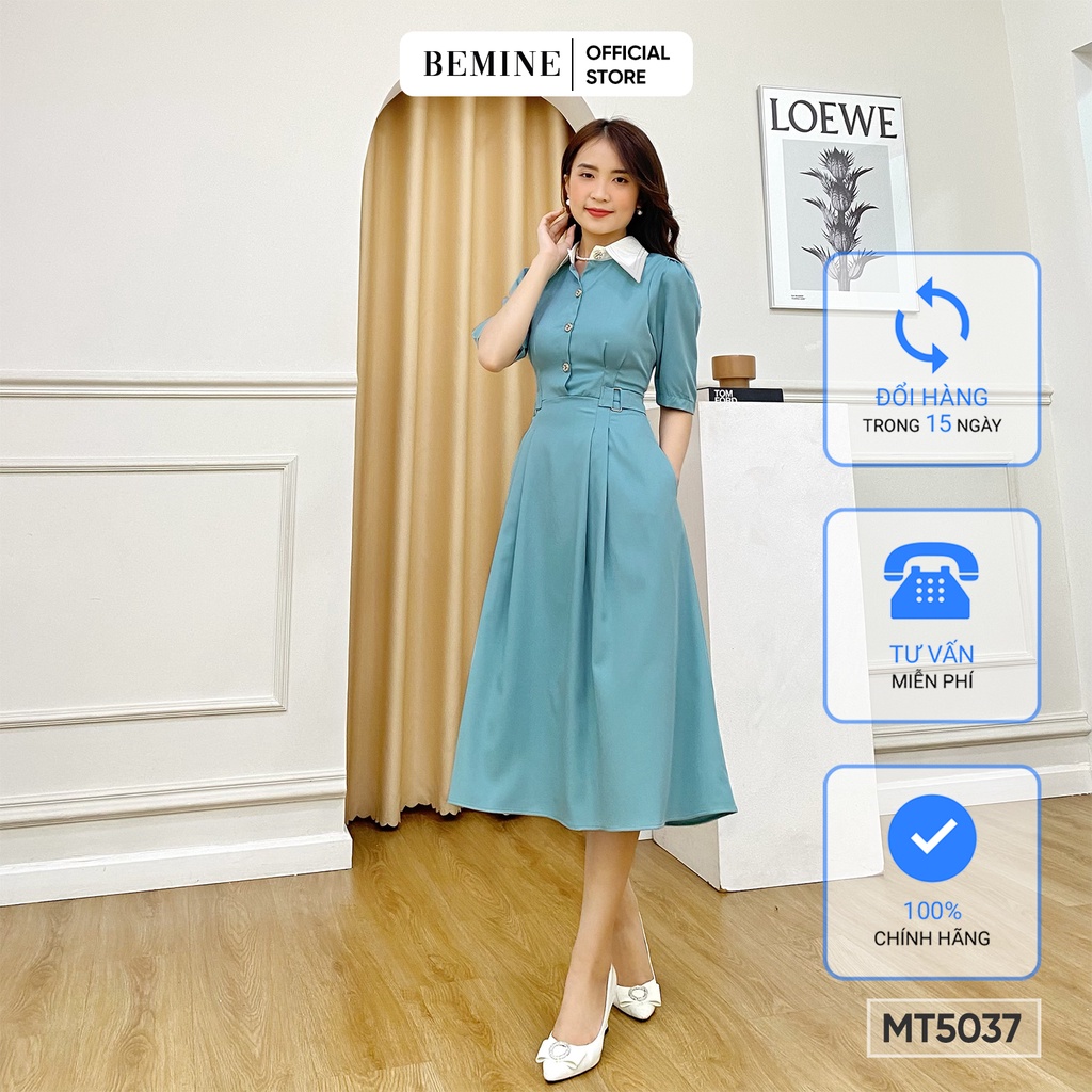Đầm cổ sơ mi tay lỡ tùng ly BEMINE MT5037XANH