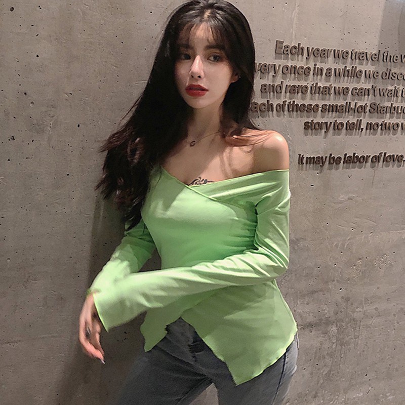 Áo thun hở vai cổ chữ V màu trơn thời trang quyến rũ cho nữ