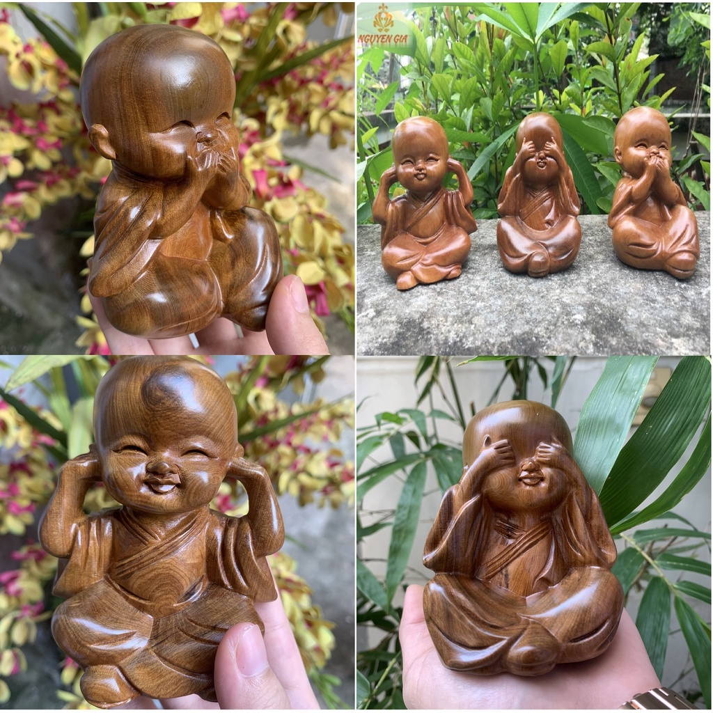 Tượng Gỗ Chạm Khắc 3 Chú Tiểu - Bộ Tượng Tam Không - Trang Trí Nhà Cửa