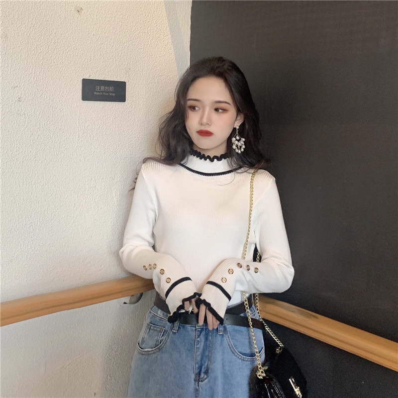 IELGY  Áo Dệt Kim Mỏng Tay Dài Cổ Cao Đính Tai Gỗ Phong Cách Cổ Điển Thời Trang Cho Nữ