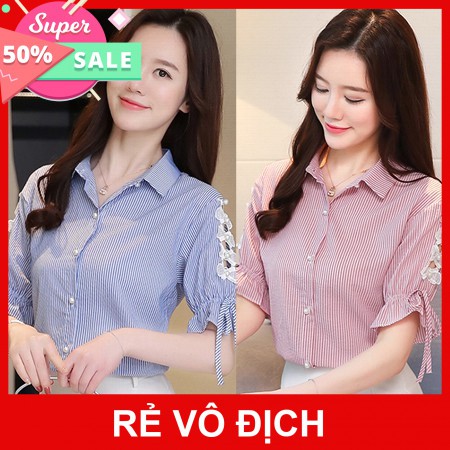 💞 Giảm Kịch Sàn - Áo sơ mi nữ tay sọc phối ren nơ - LV1836 Hàng Nhập