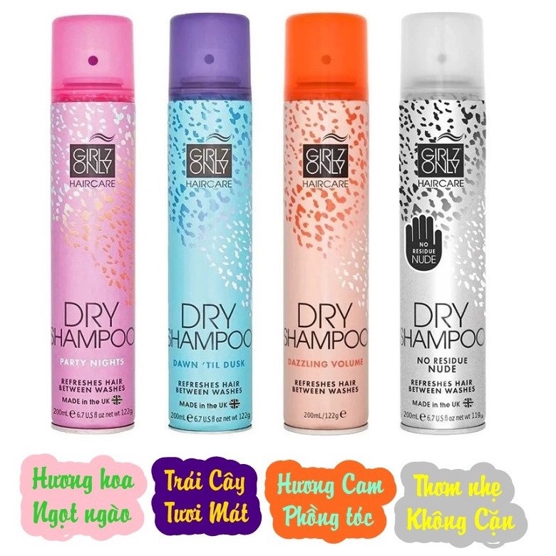 Dầu Gội Khô Girlz Only Dry Shampoo 200ml (Party Nights/ Dawn Til Dusk/ Dazzling Volume/ No Residue Nude)