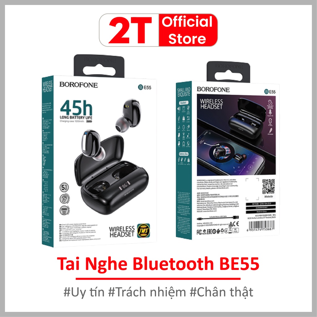 Phụ kiện tai nghe Borofone BE55 không dây, bluetooth 5.1, tai nghe nhét tai âm thanh nổi, chống tiếng ồn