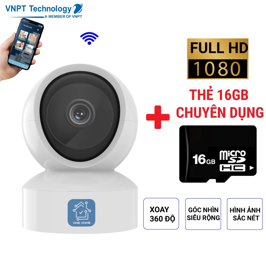 [Mã BMBAU300 giảm 7% đơn 499K] Camera IP Wifi VNPT Technology ONE HOME HVIP01 xoay 360 kèm thẻ 16Gb hàng Việt Nam