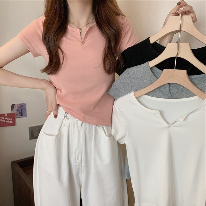 Áo Thun Ngắn Tay Cổ Chữ V Màu Sắc Thời Trang Cho Nữ