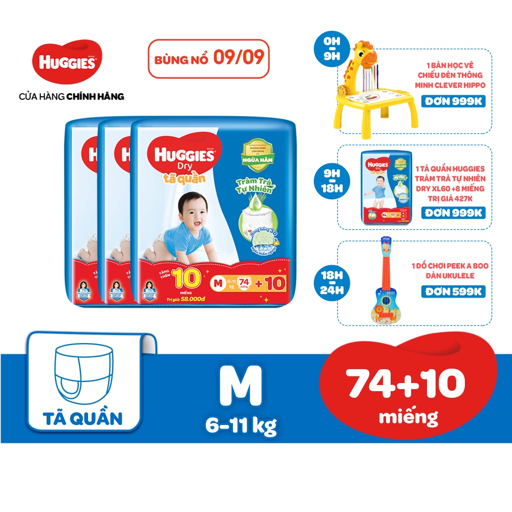 Combo 3 Tã quần Huggies Tràm Trà M74 + 10 miếng/L68/XL62/XXL56 + Tặng 8 miếng