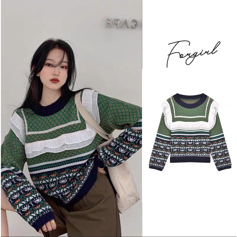 Áo len xanh phối viền ren cao cấp, áo len chui đầu tiểu thư siêu hot 2021