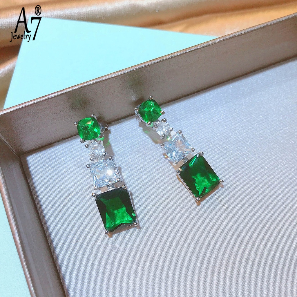 Bông Tai Đính Đá Zircon Màu Xanh A7 Dành Cho Nữ