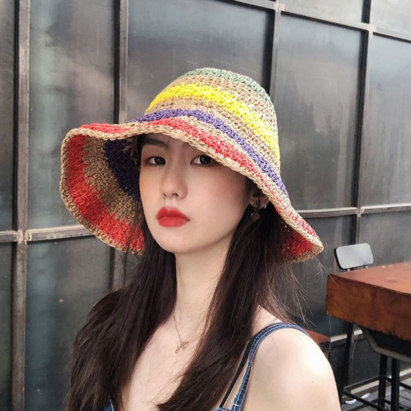 Nón Cối Rộng Vành Họa Tiết Kẻ Sọc Màu Sắc Cầu Vồng Thời Trang Mùa Hè Cho Nữ