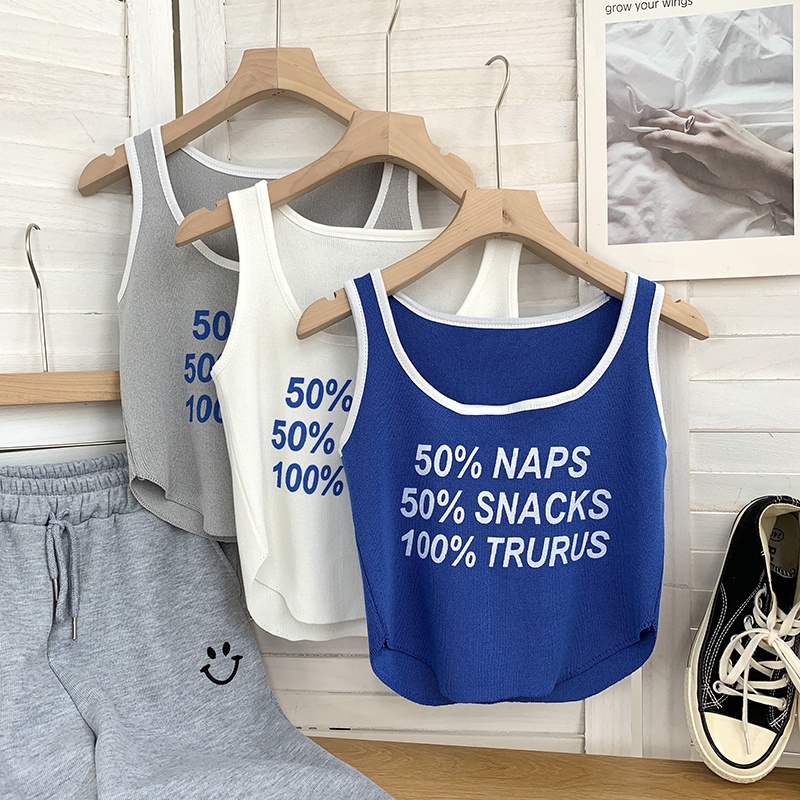 NUZIRO  Áo dệt kim  không tay dáng ôm in chữ phong cách Hàn Quốc dành cho nữ