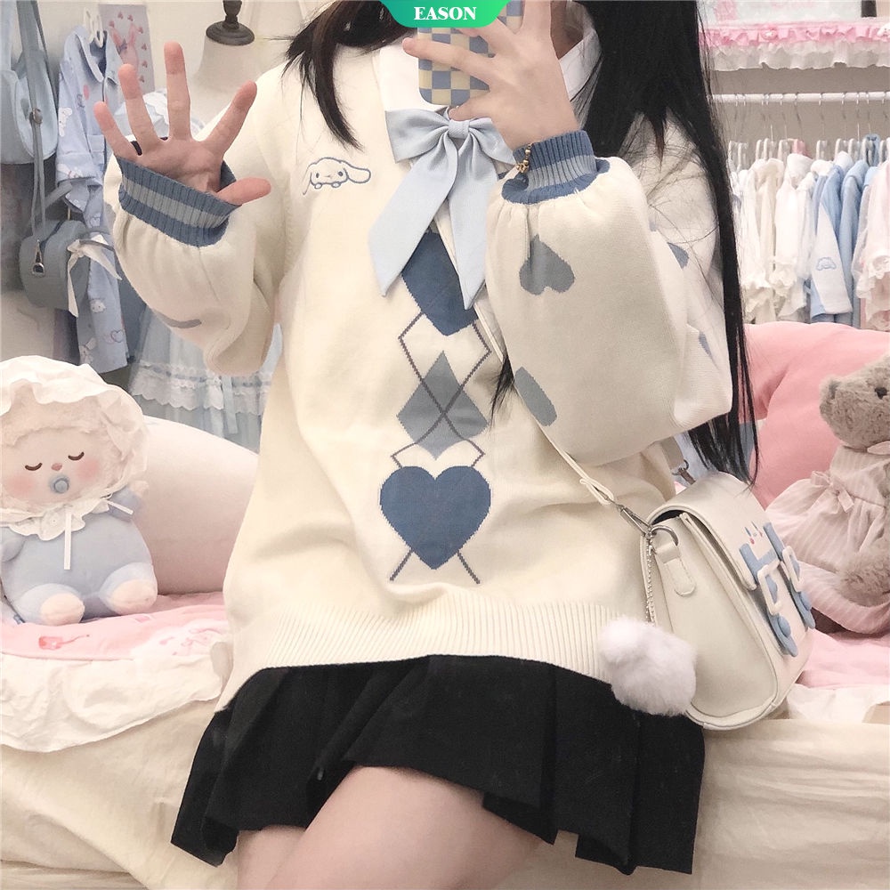 Sanrio Áo Khoác Sweater Chui Đầu Cổ Chữ V Dáng Rộng Thêu Hình Chú Chó Yugui Jk Phong Cách Nhật Bản Cho Sinh Viên [Ướt]