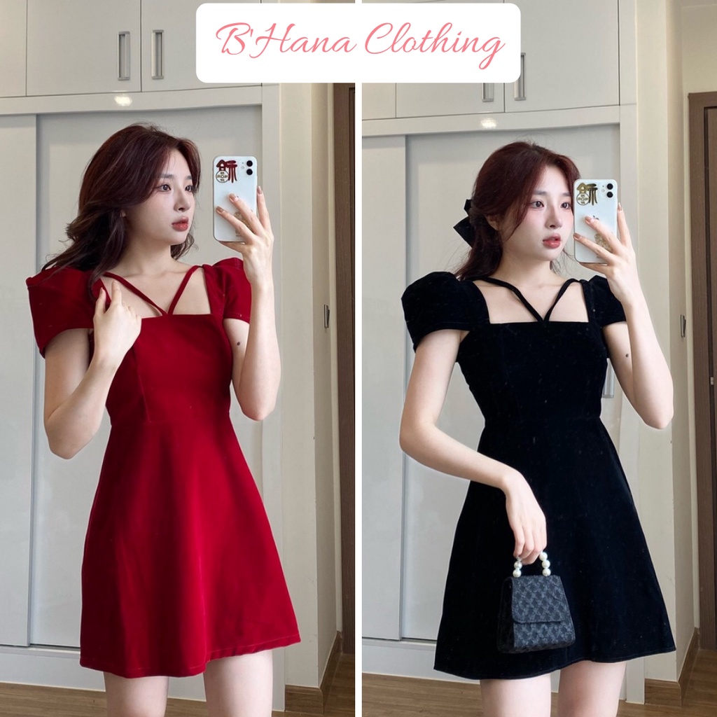 Váy nhung cổ vuông tay phồng sang chảnh, Đầm nữ dáng dài chất đẹp mặc tôn dáng