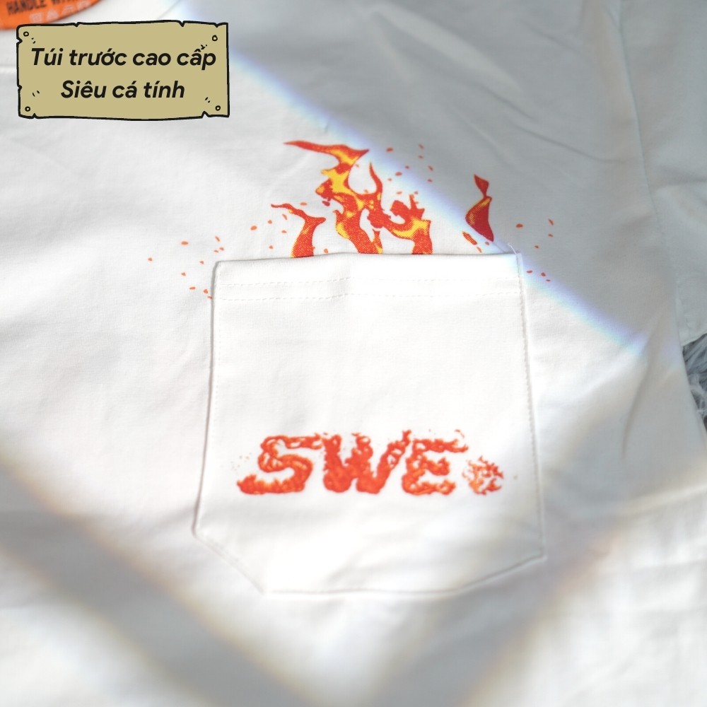 [Xả Kho] Áo thun tay lỡ SWE Flame Pocket Tee form rộng Unisex nam nữ phong cách Ulzzang - AT08 - Happy Style