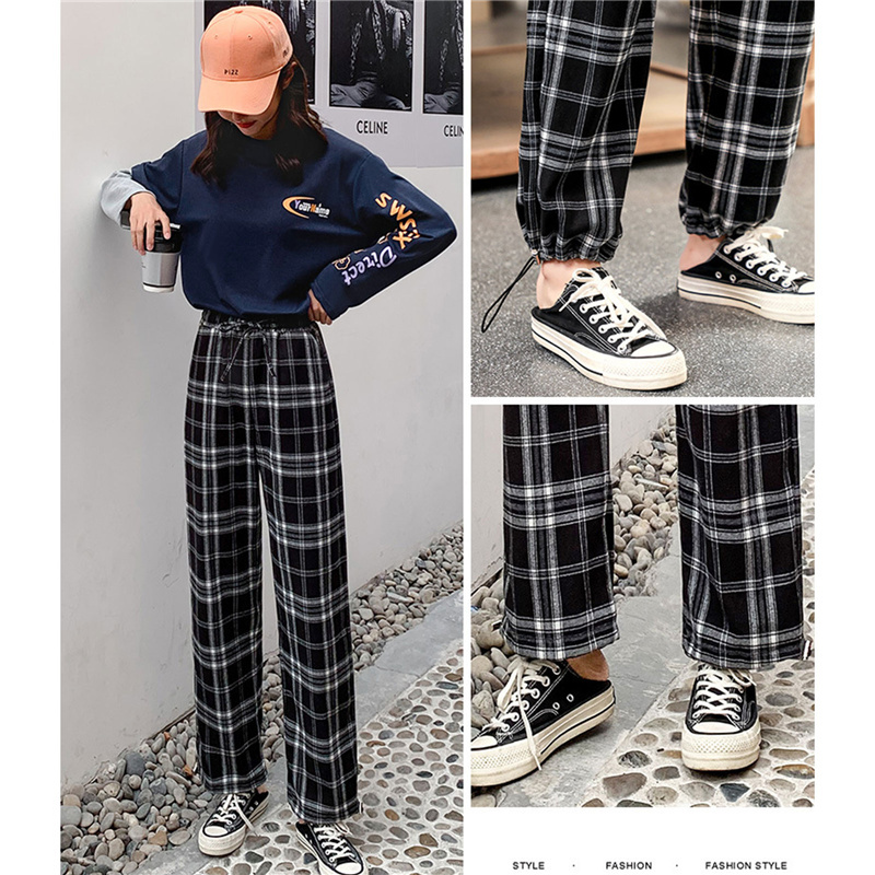 [procoolVN]Wide Leg Pants Women Oversize Chic Plaid Trousers High Waist Pocket Streetwear