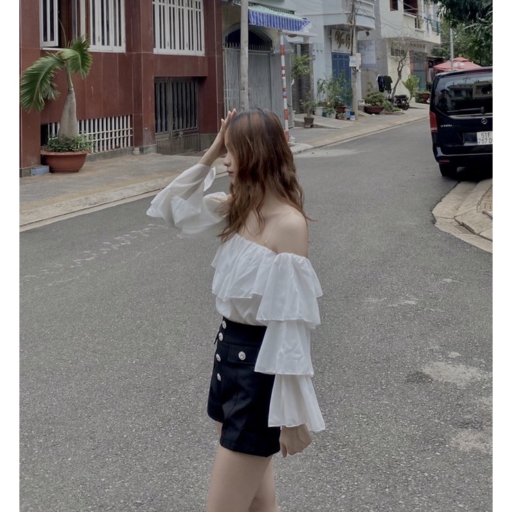 Áo trễ vai (bẹt vai) voan trắng, áo bèo 3 tầng tiểu thư ulzzang | Otis Top (Ảnh thật)
