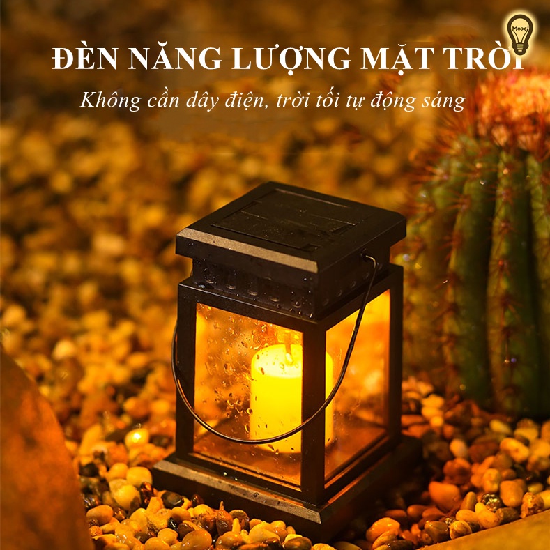 Đèn LED hộp cổ điển ngọn nến đom đóm năng lượng mặt trời trang trí decor ngoài trời ban công sân vườn lễ tết MOXI