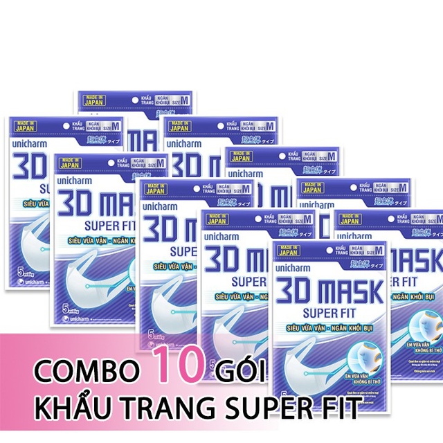 Combo 10 Gói Khẩu Trang Unicharm 3D Mask SuperFit Ngăn Khói Bụi