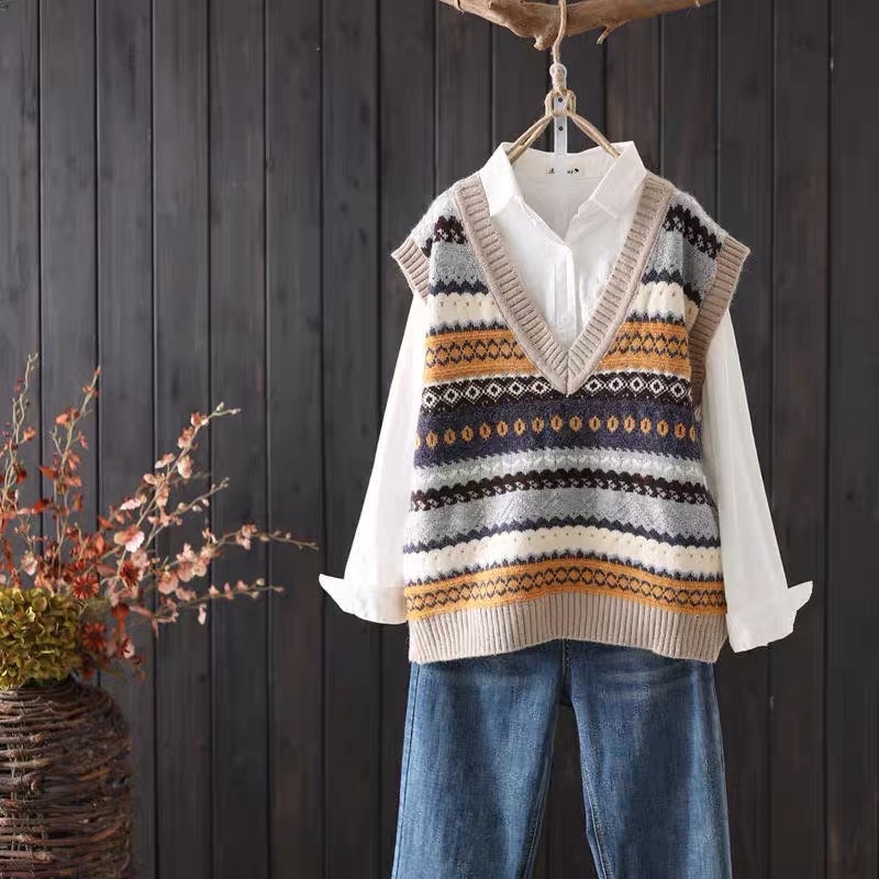 Áo gile len thổ Cẩm cổ V phong cách vintage Hàn Quốc GL01 | BigBuy360 - bigbuy360.vn