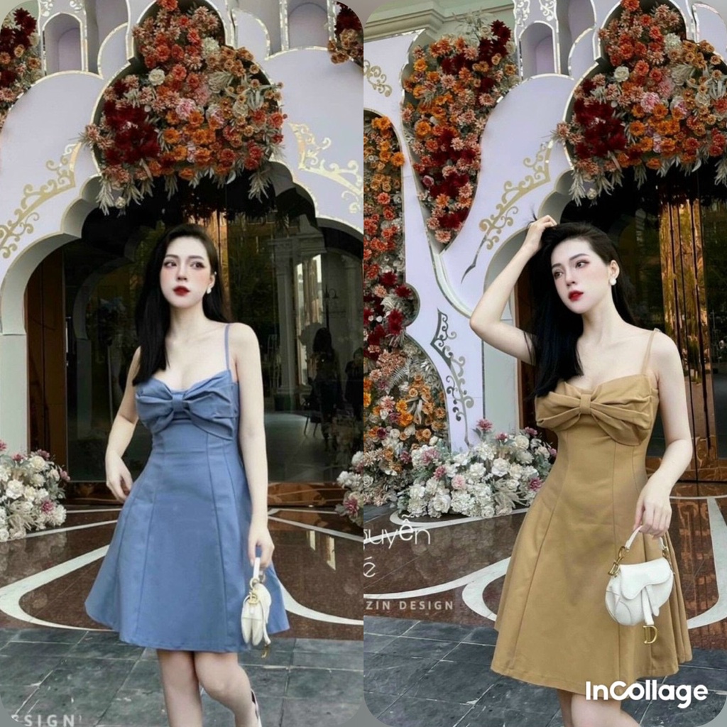 Đầm váy nữ 2 dây dáng xòe dự tiệc trước ngực phối nơ Tapta ( có mút ngực )  tôn dáng trẻ trung sang trọng thanh lịch