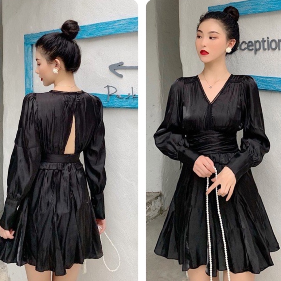 Đầm dáng xòe cổ v tay dài Emilyshop ulzzang