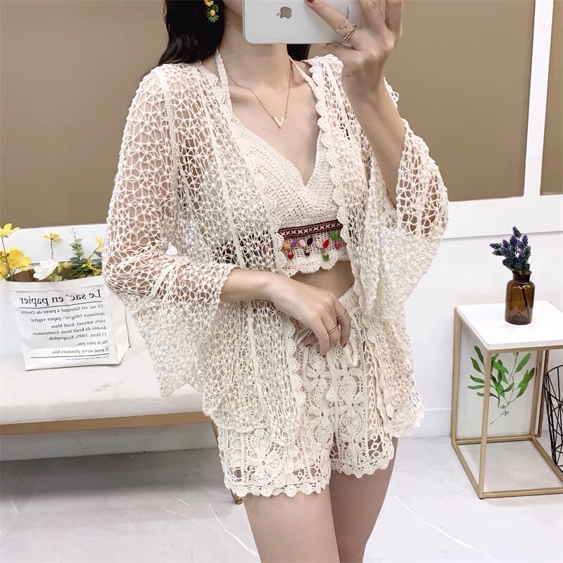 [ LOẠI ĐẸP]Set bơi bikini nữ đan len phối ren hoạ tiết hoa nhí